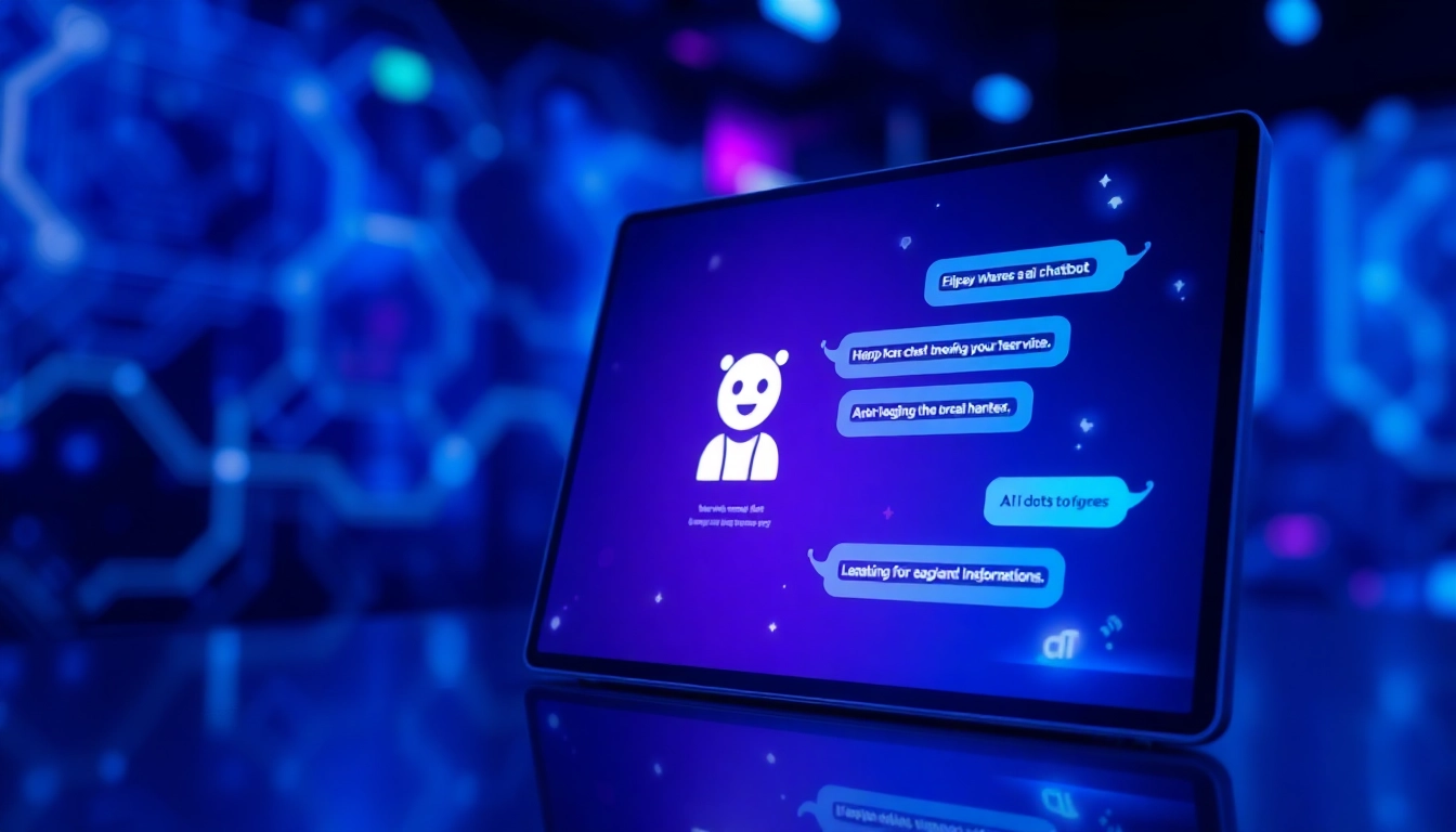 Futuristic digital chat interface with glowing holographic elements and AI chatbot icons