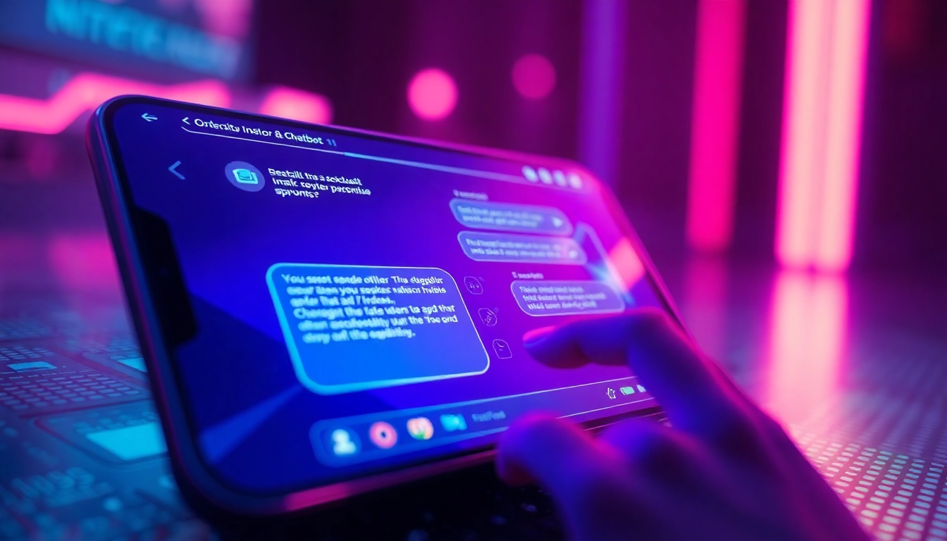 Close-up of a futuristic digital device screen displaying an AI chat interface with vibrant neon colors and holographic elements.