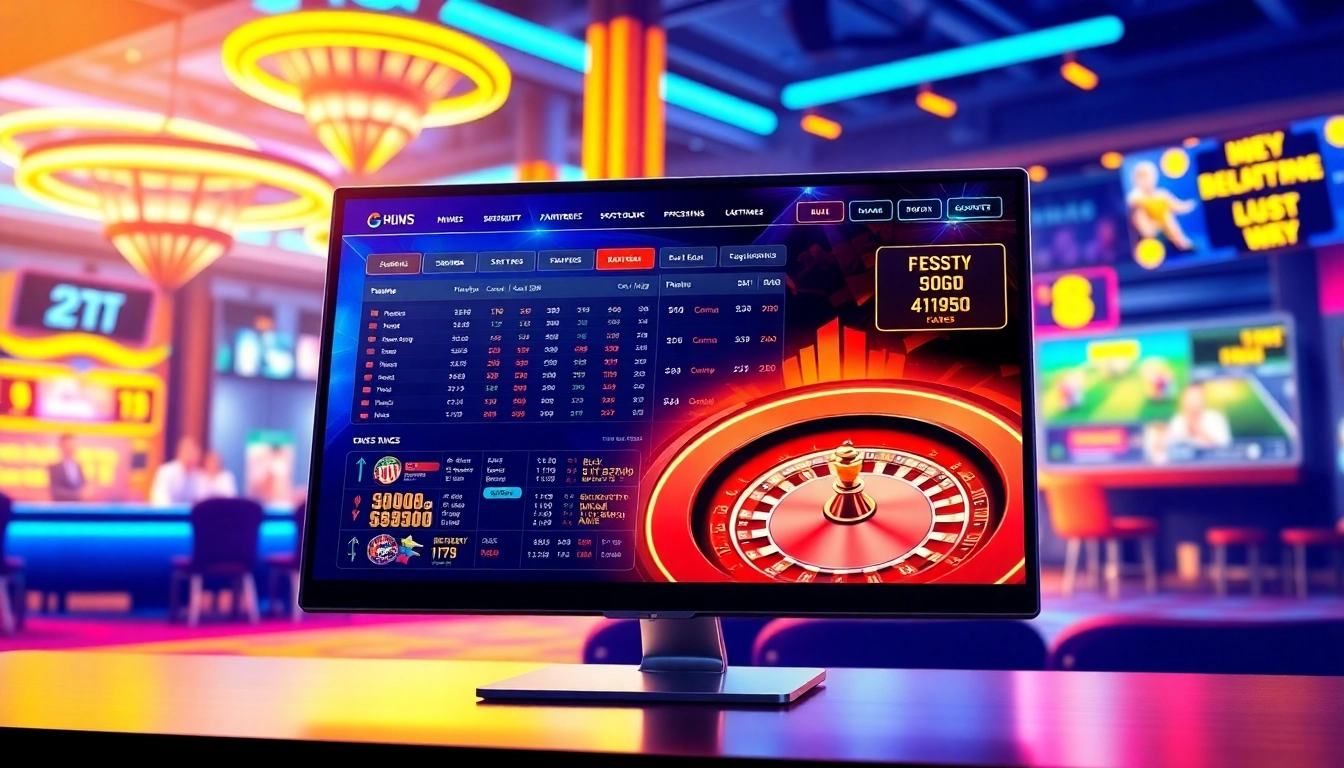 Digital illustration of a modern online sportsbook and casino platform with vibrant neon colors and dynamic gaming elements.