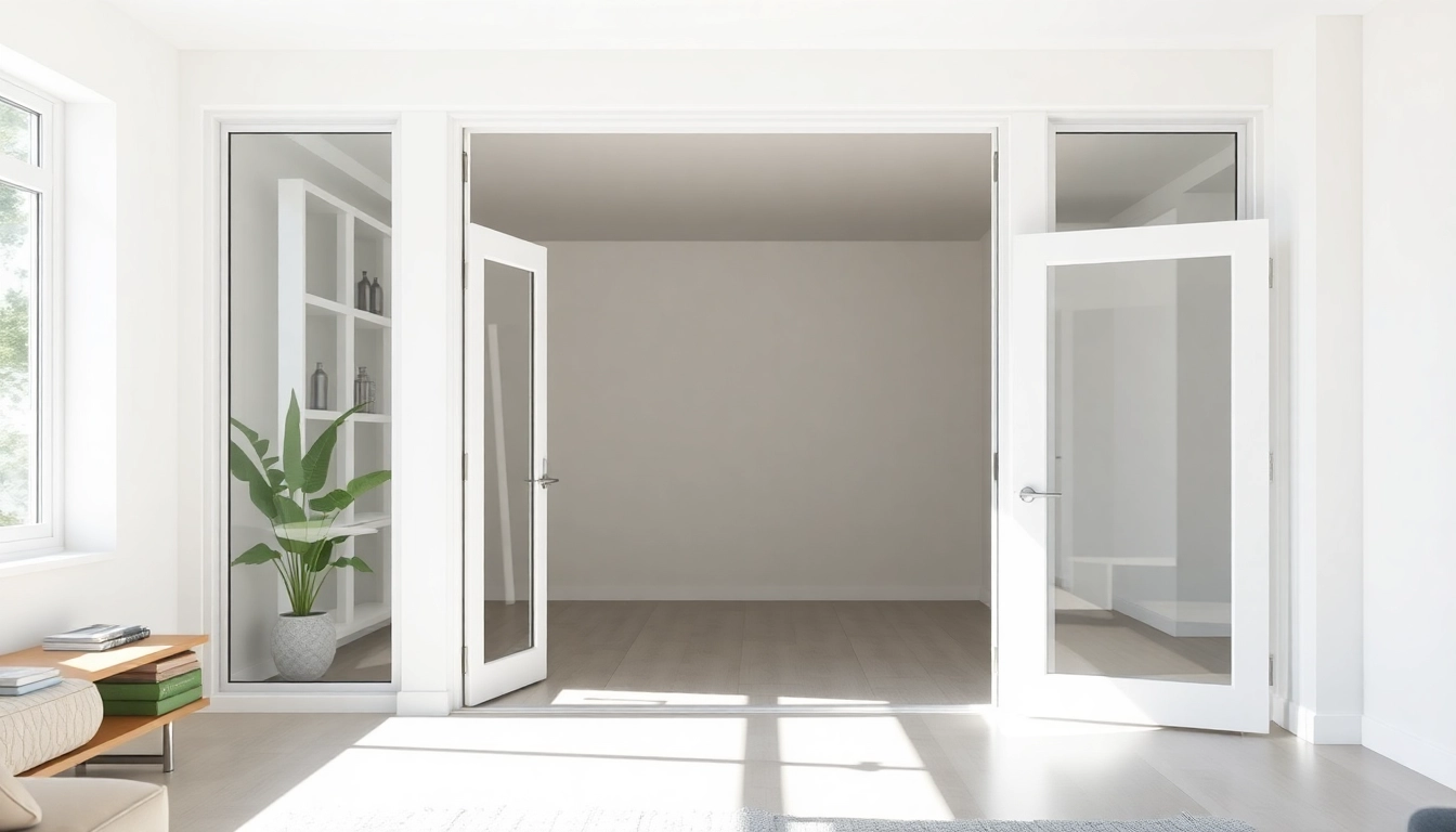 Window and door replacement shown in a sunlit living room with a modern white frame.
