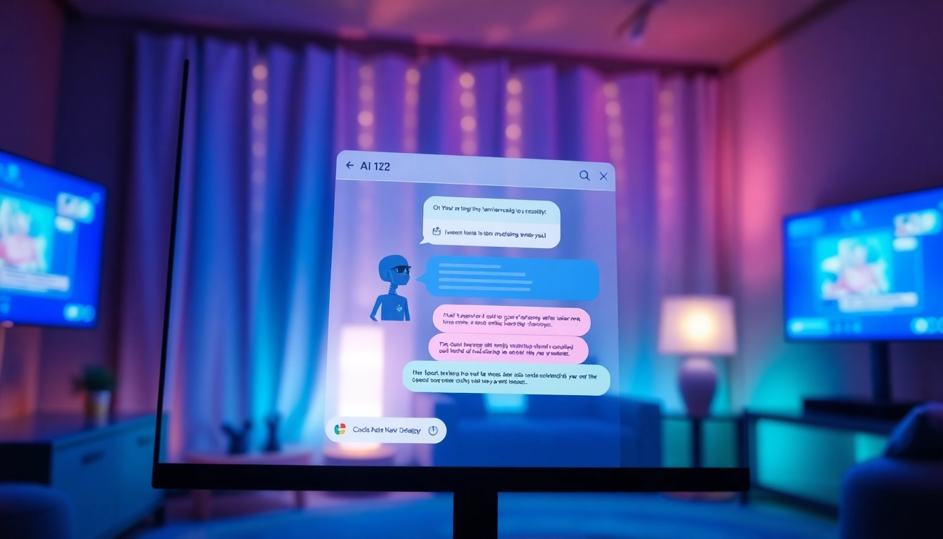Close-up of a digital chat interface with colorful AI characters in a cozy, modern setting