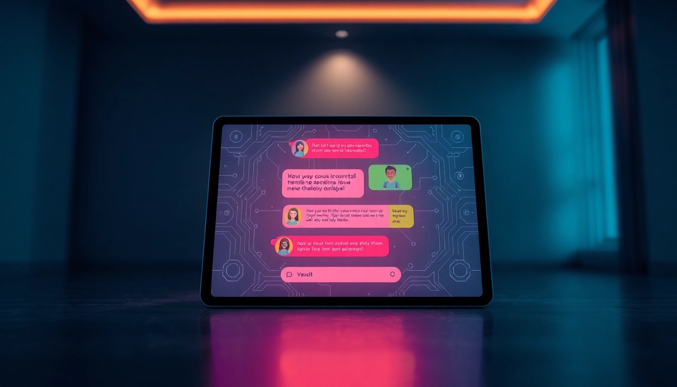 Close-up of a futuristic tablet screen showing customizable AI chat interface with animated characters.