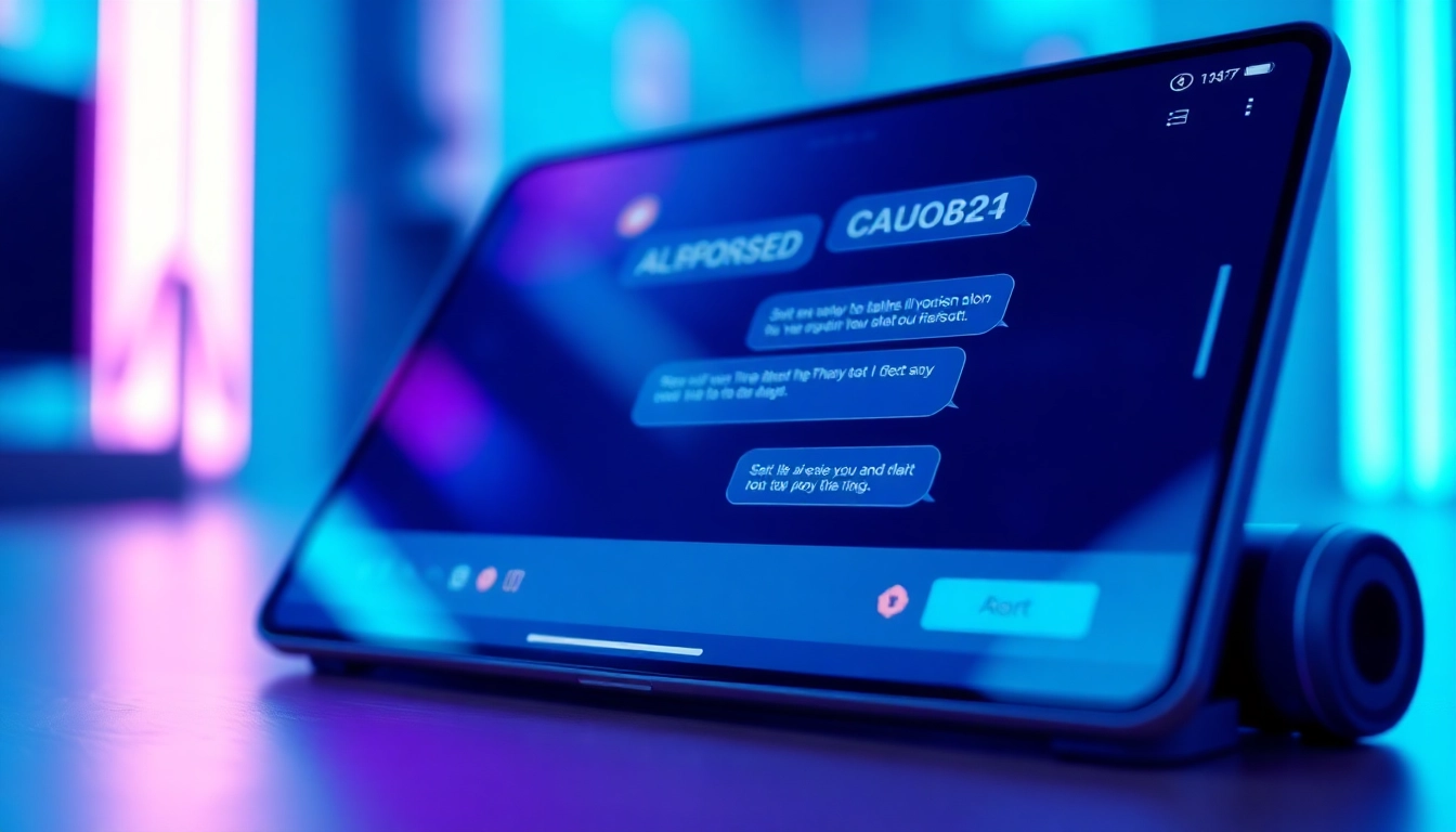 Close-up of a modern chatbot interface with glowing chat bubbles on a sleek screen, emphasizing advanced AI technology.
