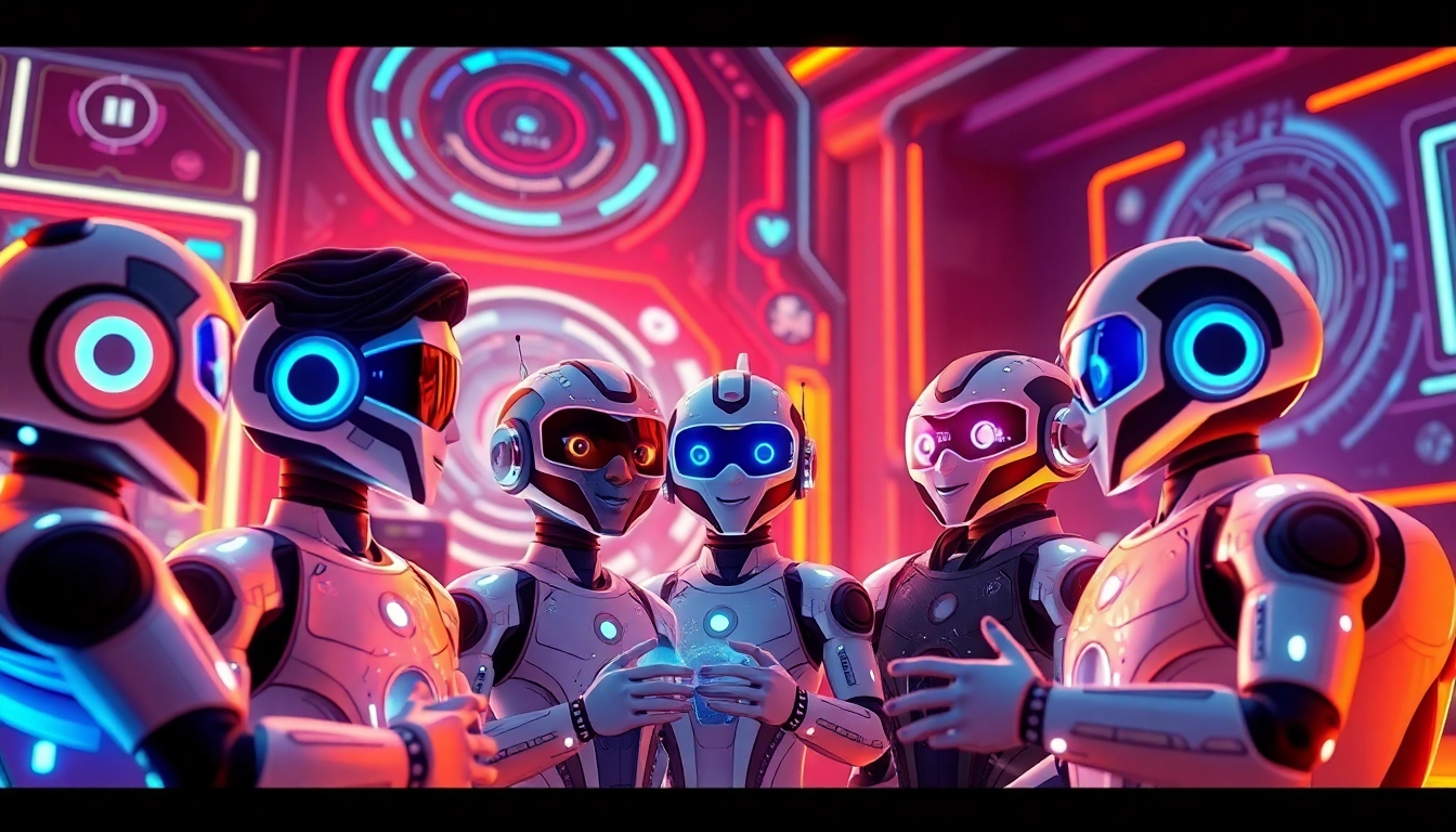 An illustration of diverse AI chatbot characters in a neon-lit, futuristic digital environment engaged in a group chat.
