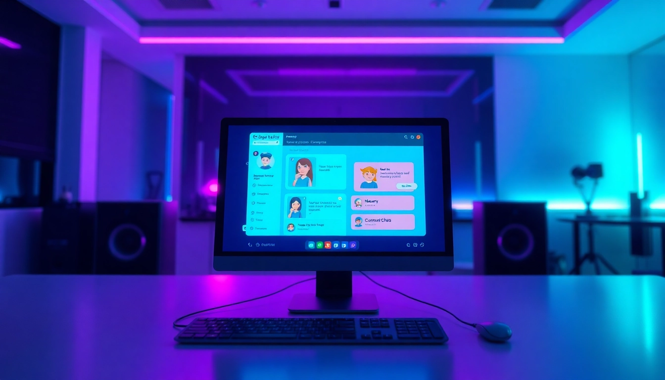 Digital illustration of a futuristic workspace with a chat interface showcasing customizable AI characters and conversation features.