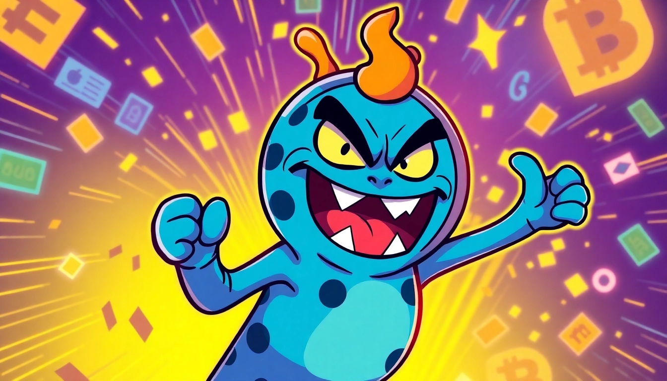 Action shot of Angry Pepe Coin mascot celebrating crypto success with vibrant colors and